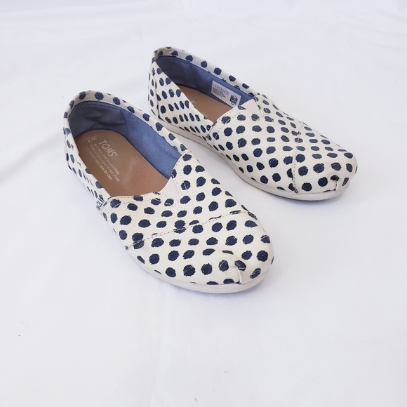 Toms Beige Navy Blue Polka Dot Loafers Flats Shoes Size 7 7M Womens Canvas Shoe - Picture 1 of 6